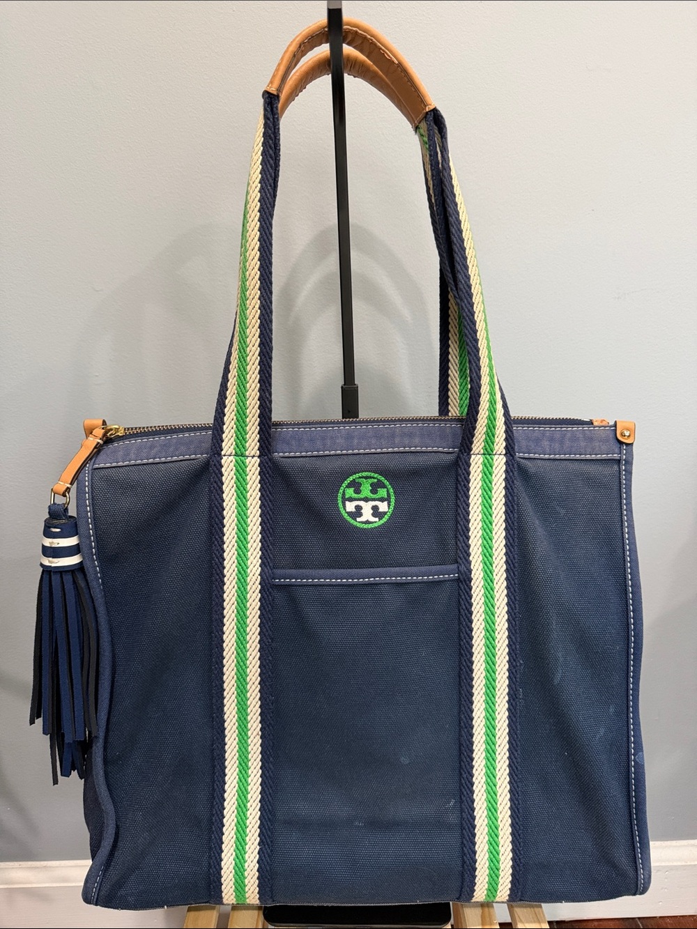 Tory Burch Navy Canvas Tote Striped Webbing Tassel Large Zip Top Bag